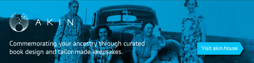 vintage image of women in front of a car. Text reads Commemorating your ancestry through curated book design and tailor-made keepsakes